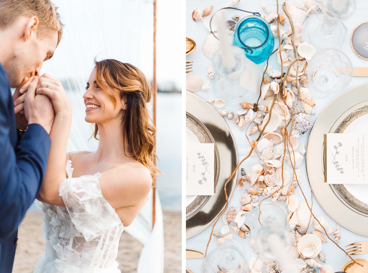 Boho Strand Hochzeit Inspiration mit Achat Scheiben: Tischdeko mit Muscheln - Stefanie Lange Hochzeitsfotografie